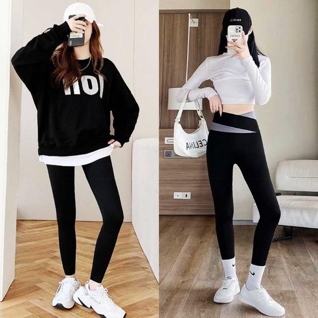 편한 레깅스 여성 배색 밴딩 9부 크로스 슬림