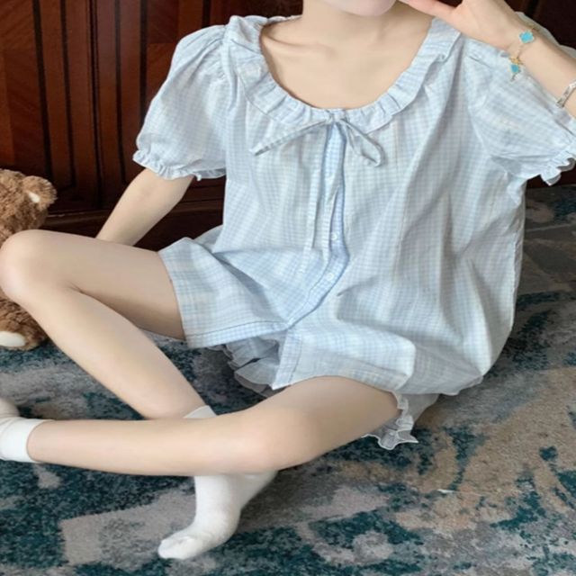 여성 잔잔 하늘빛 체크 잠옷 러블리 여름 반팔 파자마