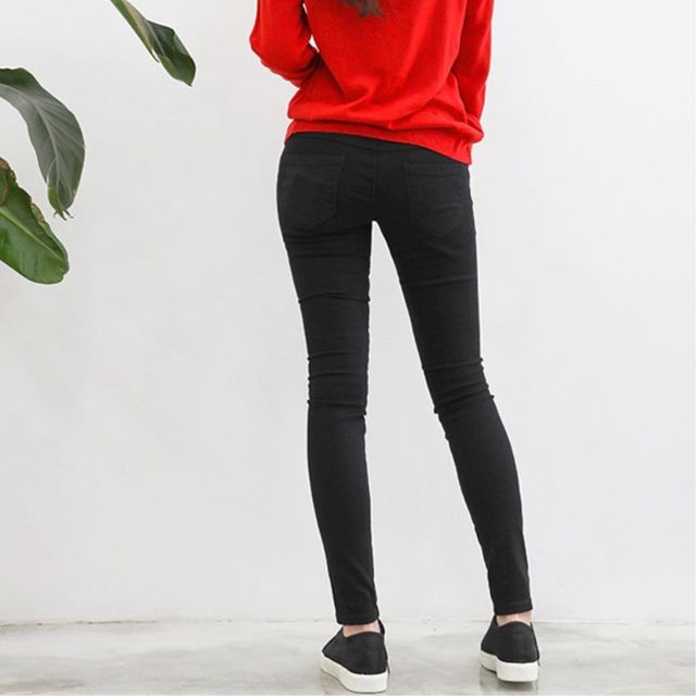 여성 데일리 패션 의류 슬림핏 밴딩 스판 면바지 블랙