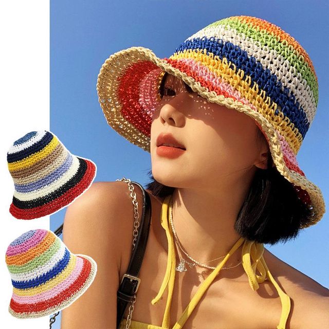 밀짚 비치캡 버킷 레인보우