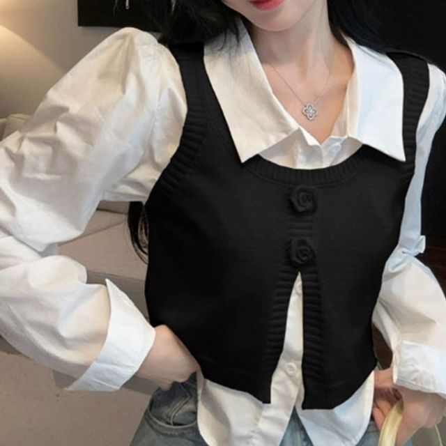 뷔스티에 셔츠 여유핏 크롭기장 레이어드 블라우스