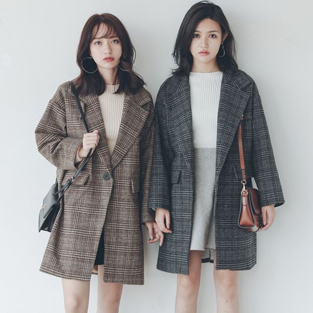 캐주얼정장 모직 루즈핏 자켓 여성겨울의류 체크