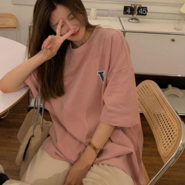 여성용 w 프린트 빅핏 크루넥 숏슬리브 탑 데일리룩드레스셔츠