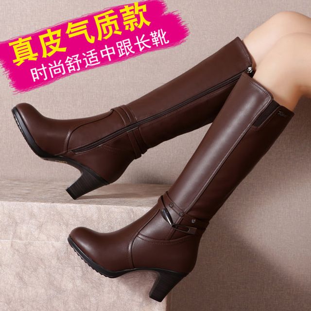 소가죽 통굽 여성 롱부츠 겨울 기모 보온 여성 구두