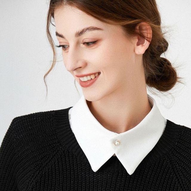 진주 단추 쉬폰 페이크카라 레이어드 넥카라 셔츠 카라티