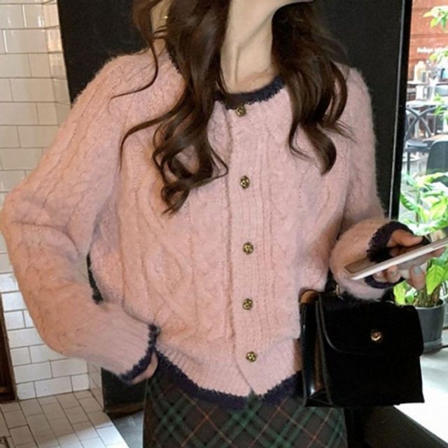 여성 봄가디건 꼬임 니트탑, 사계절 크루넥 핑크
