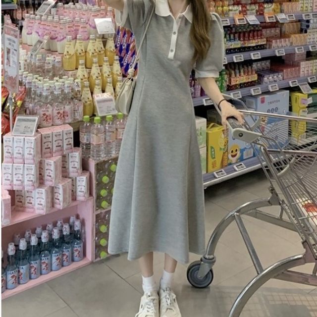빅카라원피스 청순 시밀러룩 반팔롱원피스 청청셋업
