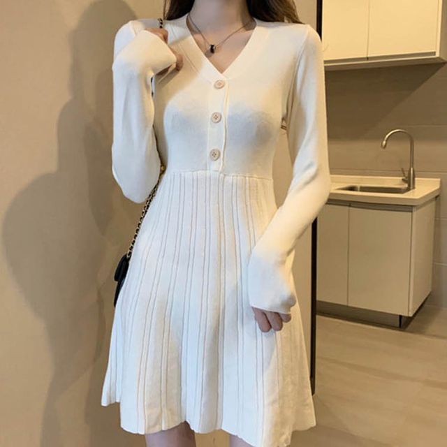 여성 브이넥 긴팔 미니 원피스 1P A라인 치마 하객룩
