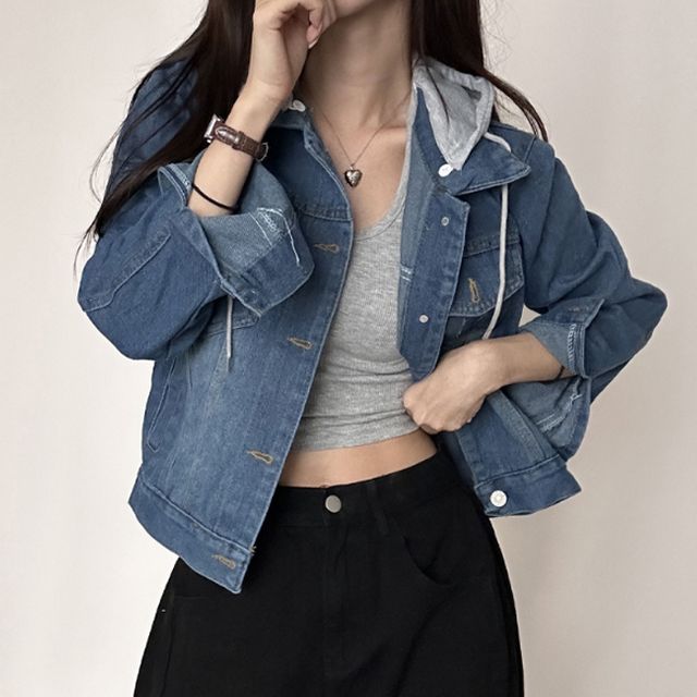 여성 탈부착 후드 청자켓 1P 캐주얼 간절기 데님 외투