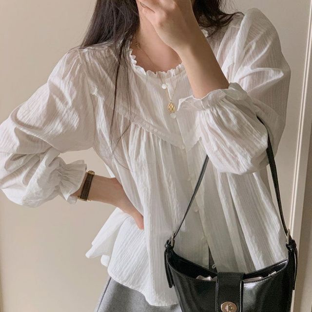 여성 펀칭 시스루 얇은 블라우스 라운드넥 쉬폰셔츠