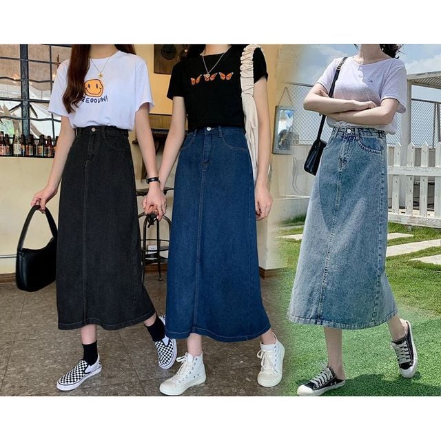 여성 귀여운 데일리룩 청 롱 스커트 데님 치마