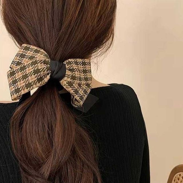 여성 체크 리본 포니테일 바나나핀 헤어악세사리 머리
