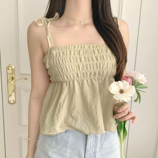 플레어 프릴 리본 여성 나시 뷔스티에 블라우스 휴양지 슬리브리스 상의