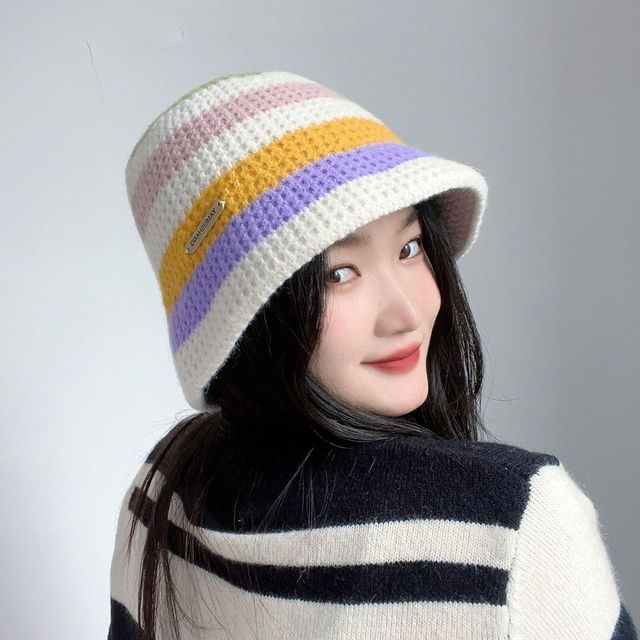 레인보우 니트 버킷햇 화이트 벙거지모자