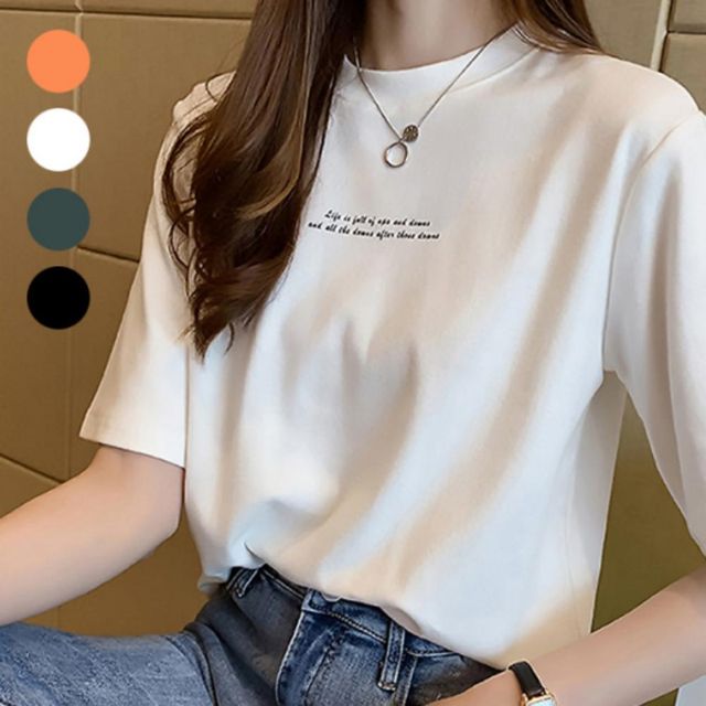 여성 패션 반팔티 라운드 면티 영문자수 캐주얼룩 데일리룩