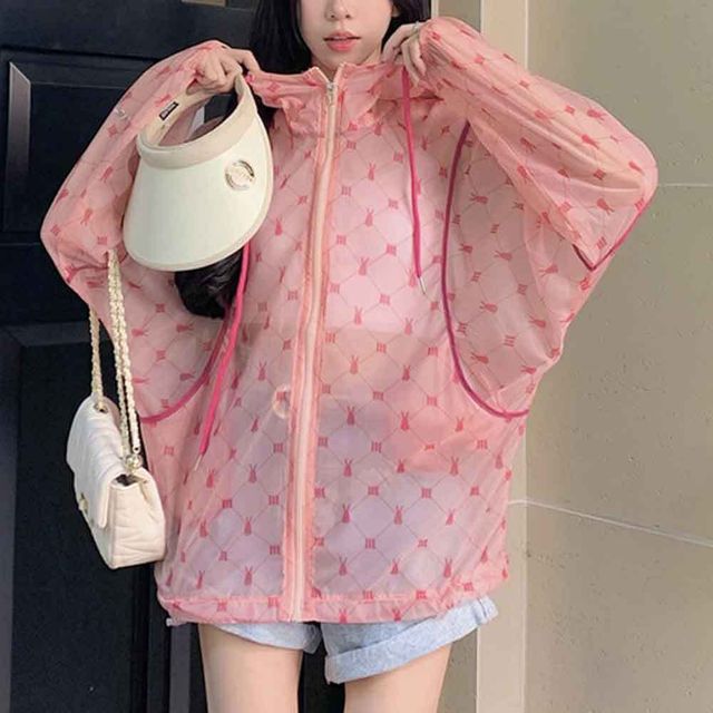 토끼패턴 후드 바람막이 자켓 밑단 핏조절 소매밴딩