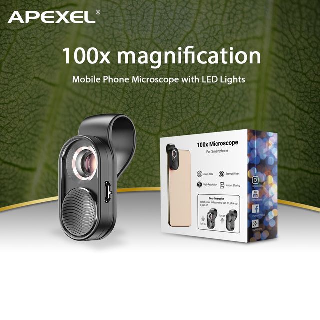 APEXEL 100X 휴대 전화 현미경 마이크로 렌즈 LED 라