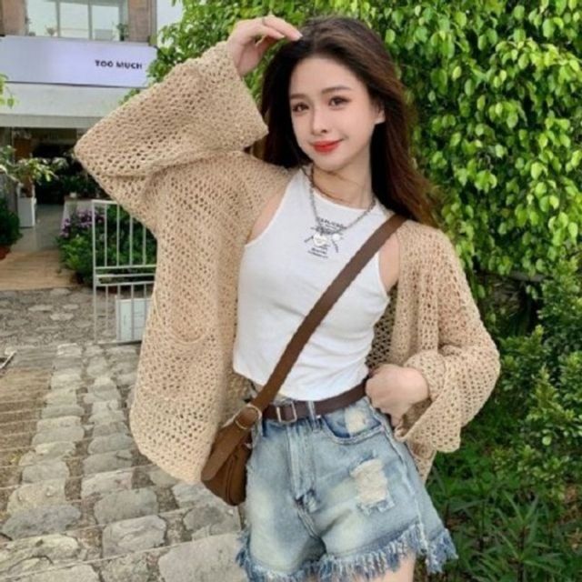 패션스타일 니트 망사 그물 가디건 시스루 비치웨어