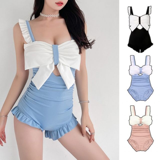 원피스 수영복 모노키니 리조트 프릴 골지 리본