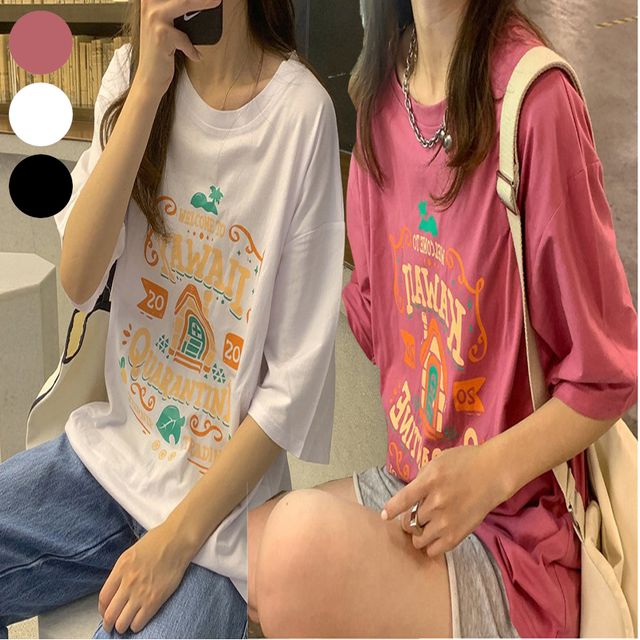 여자 면 반팔 티셔츠 프린팅 라운드넥 보세 반팔티