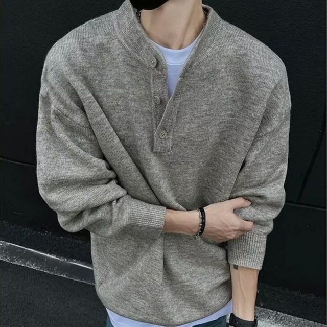 남성 단추 헨리넥 긴팔 니트 가을 겨울 데일리 캐주얼 스웨터 남자 니트티