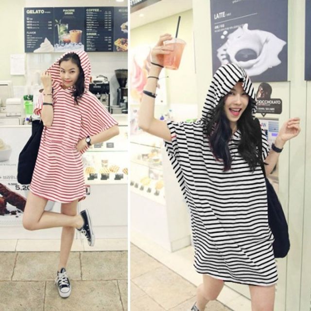 후드티 원피스 롱티셔츠 스트라이프 엉덩이덮는
