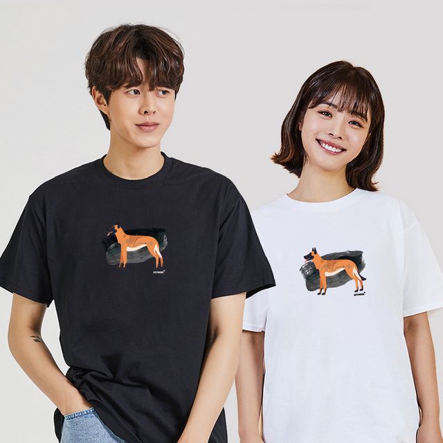 남자 오버핏 반팔티 강아지 프린트 흰색 여름 티셔츠