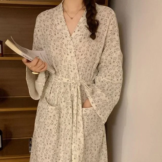 로브 샤워가운 래빗 잠옷가운 허리끈가운 긴팔가운 목욕가운 파자 빅사이즈가운 여성