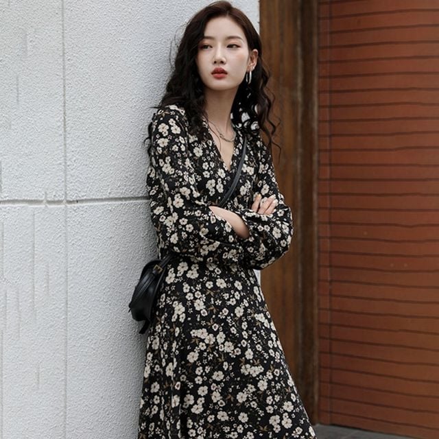 여자 데일리 화사한 플라워 패턴 허리끈 롱 원피스