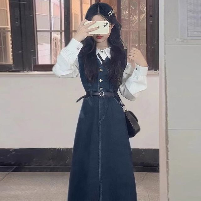 데님 스트랩 원피스 여성 초가을 프랑스 원피스 정장