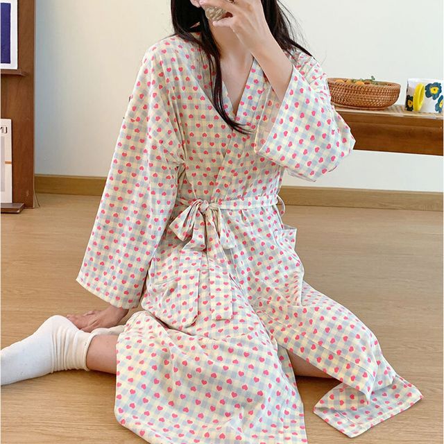 샤워가운 여성용 체크 하트 목욕가운 여름용 얇은 로