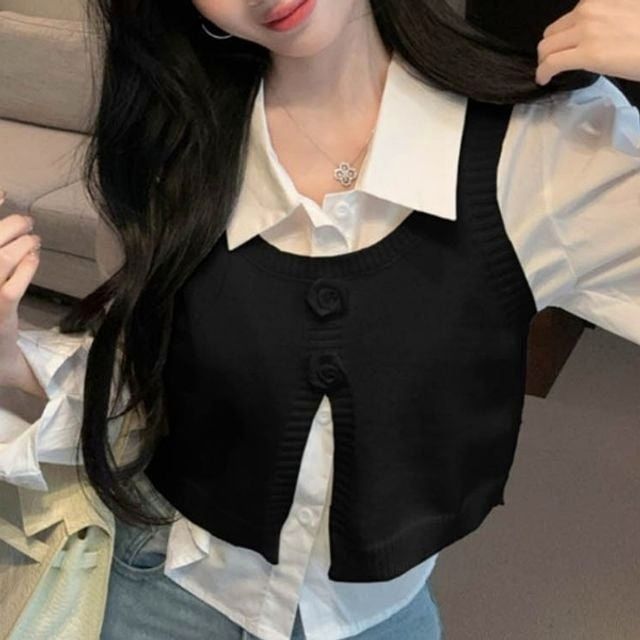 여성 뷔스티에 조끼 블라우스, 크롭 기장 레이어드