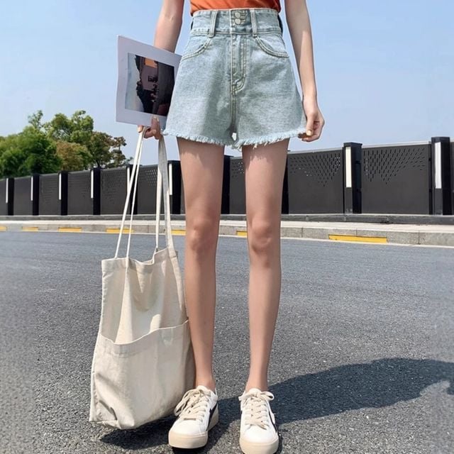 하이웨스트 와이드 반바지 여름 청바지 연청 빈티지 컷팅 데님 와이드팬츠