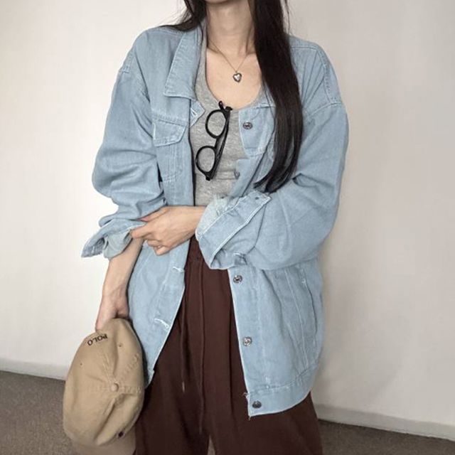 여성 넉넉한 기장 청자켓 1P 루즈핏 얇은 데님 외투