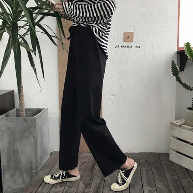 여자 대학생 데일리 바지 허리 밴딩 검정 와이드 팬츠