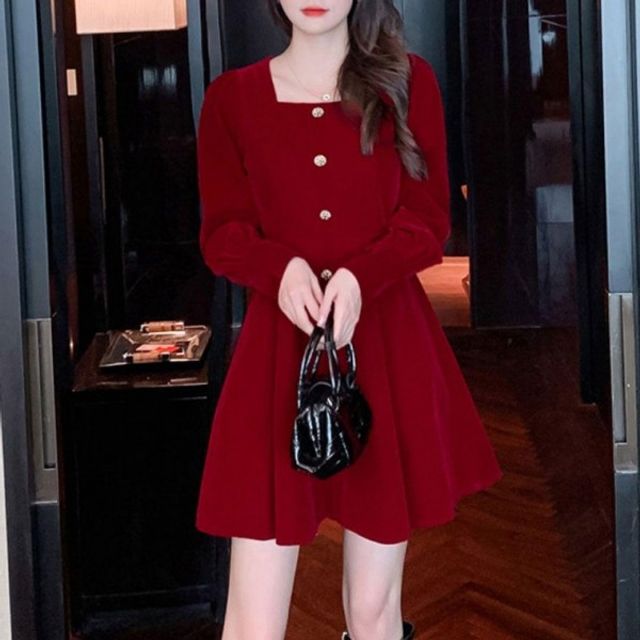 스퀘어넥 플레어 벨벳 여성원피스 스커트라인 어깨셔
