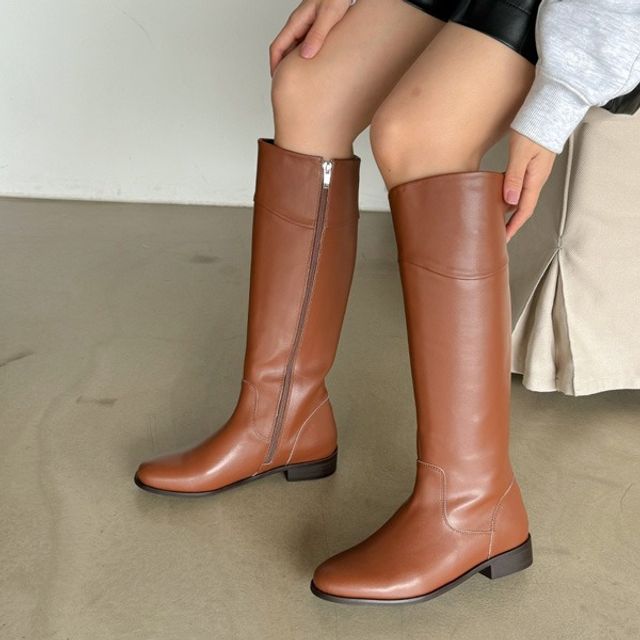 심플 클래식 여성 가죽 롱부츠 플랫 데일리 부츠 브라운 블랙