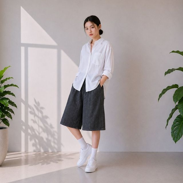 버뮤다 여성 와이드 밴딩 팬츠 데일리 여자 7부 반바지 펜츠