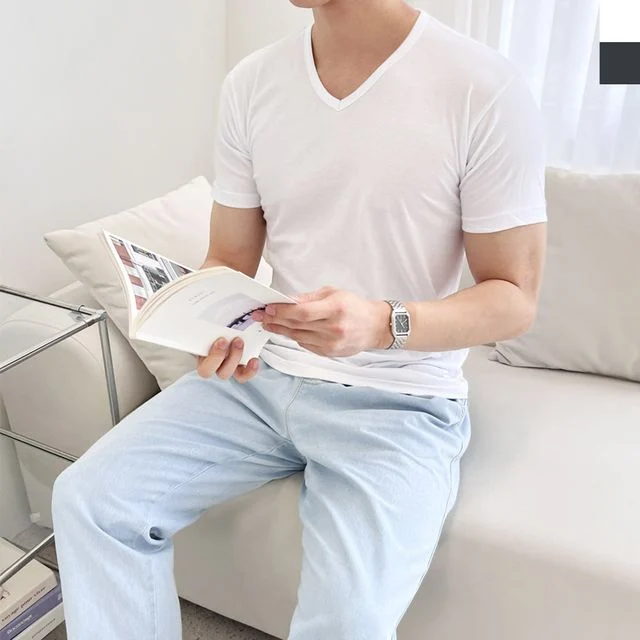 남자기본브이반팔면티셔츠 의류 데일리 웨어