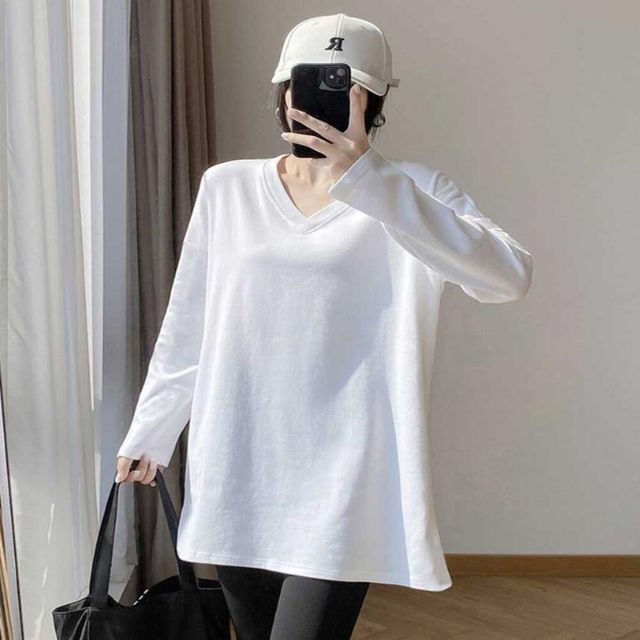 브이넥 디자인 힙을덮는 루즈핏 캐주얼 기모 롱티셔츠