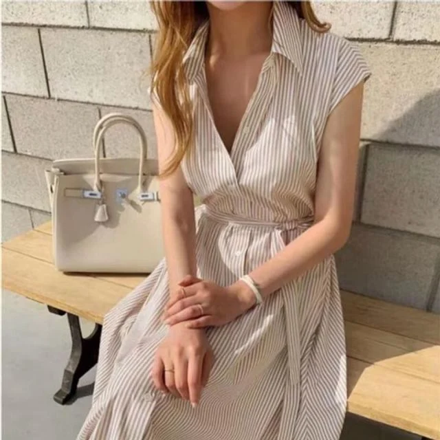 이쁘다요 라인 스트라이프 원피스 벨트 롱