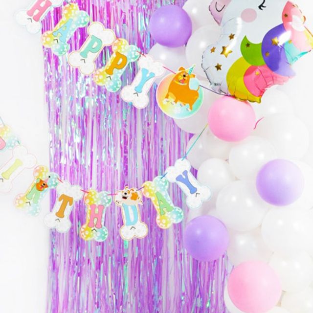 파티장식 은박수술커튼 생일 데코, 오로라 라벤다 풍선