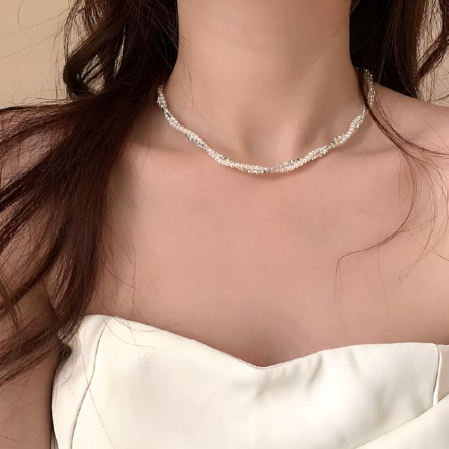 고급 꼬임 레이어드 목걸이 진주 큐빅 체인 네크리스 진주 큐빅 초커 데일리 선물 패션