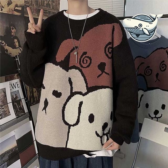 귀여운 강아지 디자인 오버핏 니트 티셔츠