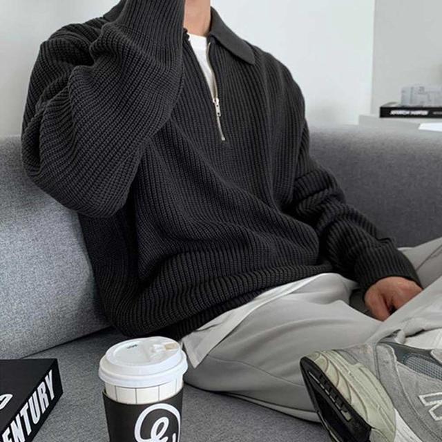 예쁜 남자 스웨터 카라 넥 반 하프 집업 니트 코디