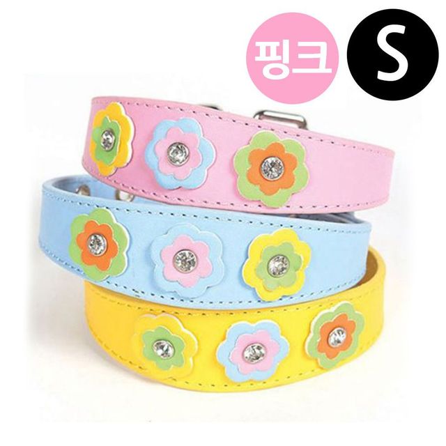 지엠펫 샤이니 플라워 가죽목줄 핑크 S 강아지 목줄
