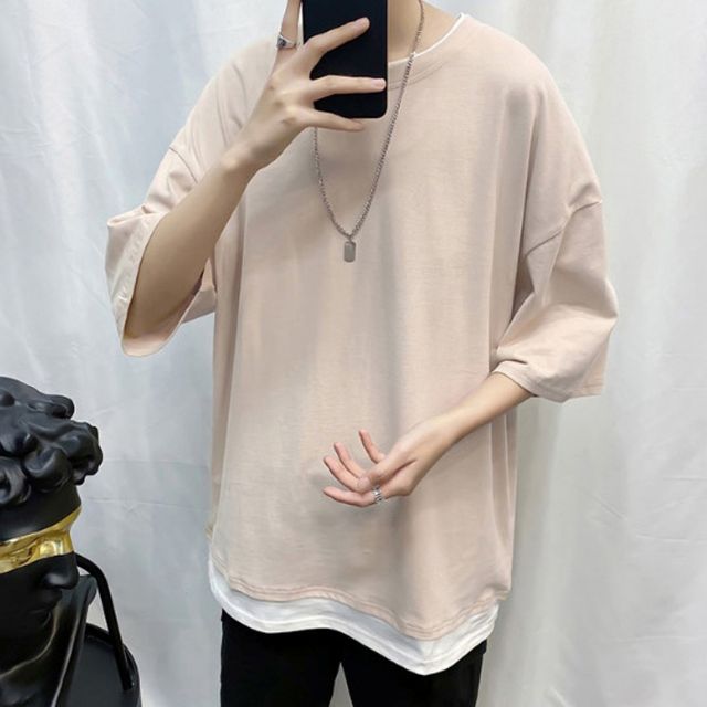 남자 레이어드 패션 반팔티셔츠 컬러 와이드핏 데일리룩