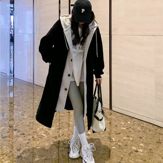 블랙 양털 안감 레이어드 후드 롱코트 겨울 데일리 아우터