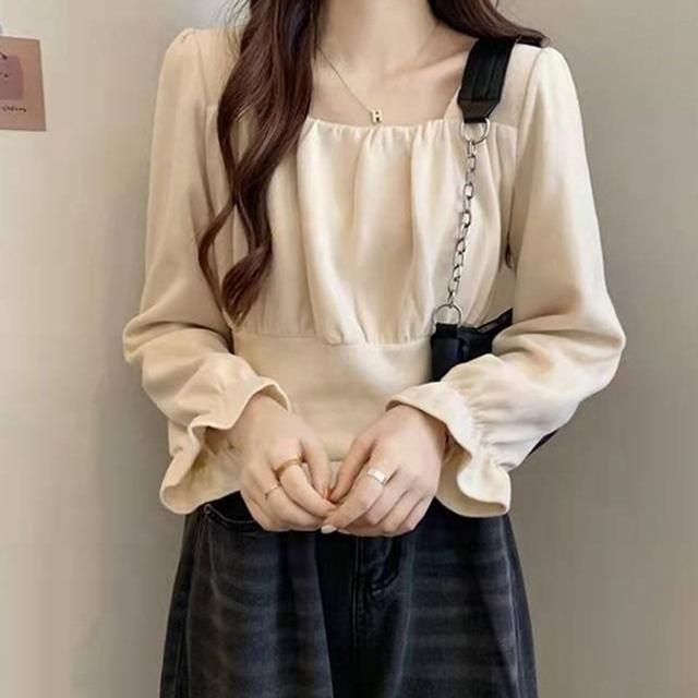 데일리 여성 예쁜 스퀘어넥 셔링 긴팔 블라우스 셔츠