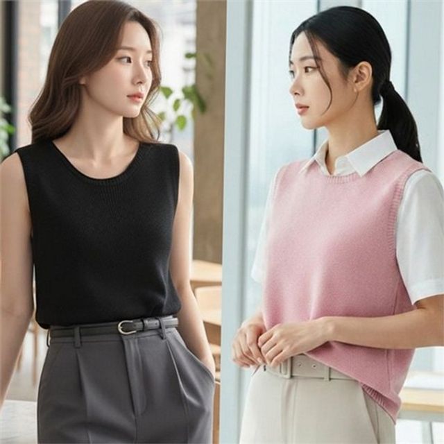 여성 여름 조끼 여성 여름 베스트 민소매 캐주얼 라운드 얇은 데일리 레이어드 루즈핏 브이넥 니트
